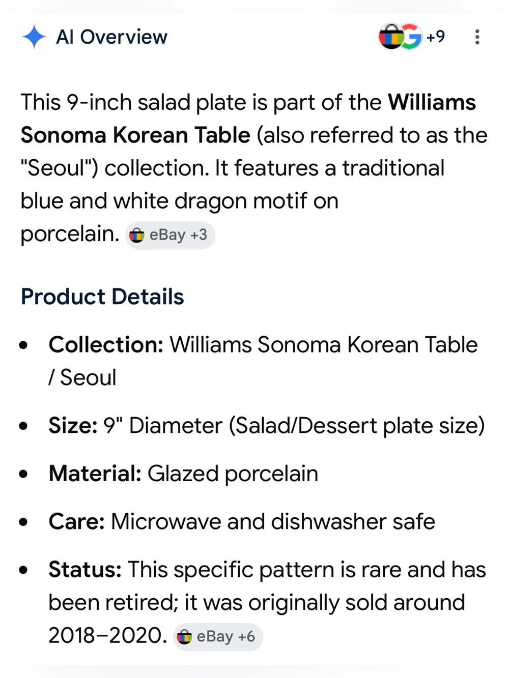 Rare! Williams Sonoma Seoul Korean 9” Blue & White Asian Dragon Salad Plates